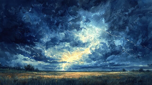 A dramatic watercolor depiction of a thunderstorm rolling across a vast prairie. Dark clouds painted in shades of gray and blue are illuminated by streaks of lightning. The contrast between 