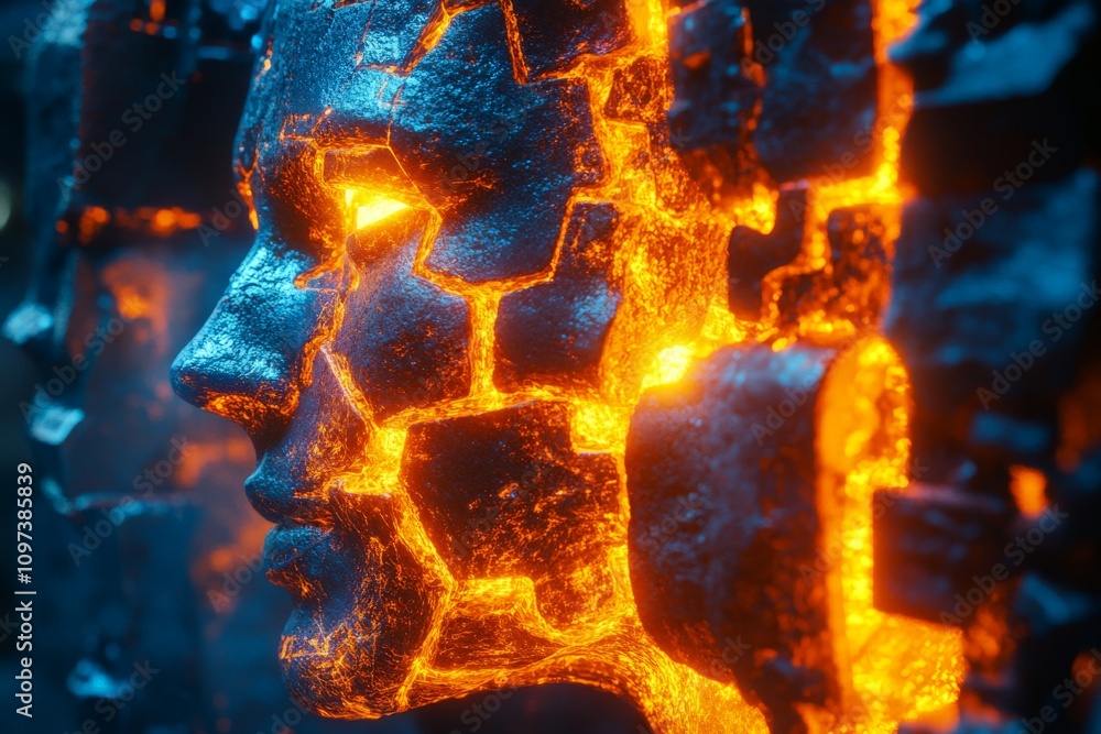 Aufkleber abstract human head with glowing lava like cracks and patterns symbolizing intense thought transform