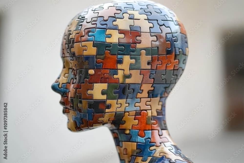 Aufkleber human head formed from multicolored interlocking puzzle pieces symbolizing individuality cognitive c