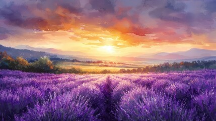 Obraz premium A dreamy watercolor depiction of a lavender field stretching into the horizon under a golden sunset. The soft purples contrast beautifully with the warm tones of the sky. The composition radiates 