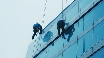 Window Cleaners Ascending a Modern Glass Building