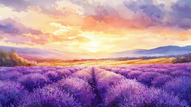 A dreamy watercolor depiction of a lavender field stretching into the horizon under a golden sunset. The soft purples contrast beautifully with the warm tones of the sky. The composition radiates 