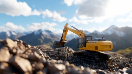 Yellow excavator digging rocks in mountain landscape.