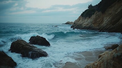 Ocean Waves Crashing Against Rocky Coastline