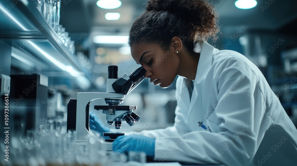 Aufkleber scientists focus a microscope to view cell samples in a modern laboratory.