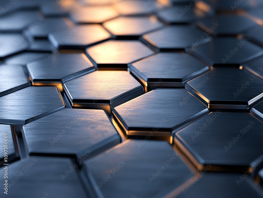 Poster close-up view of hexagonal metal tiles with a reflective surface and warm lighting.