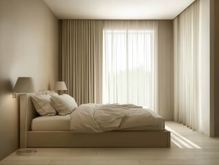 Obraz premium Contemporary Bedroom Design with Low-profile Platform Bed Modern Home Interior Style Minimalist Environment Soft Lighting Concept