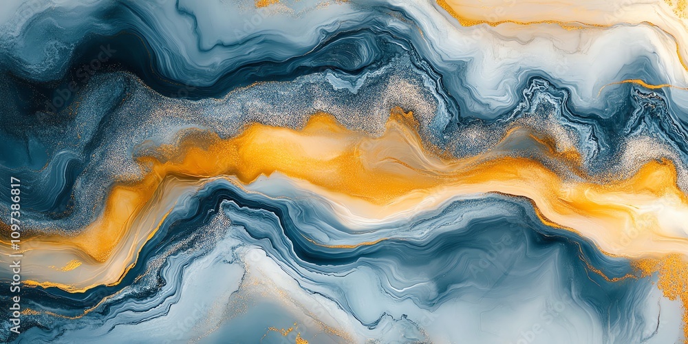 Poster abstract waves of blue and orange blend fluidly, creating a serene and artistic composition.