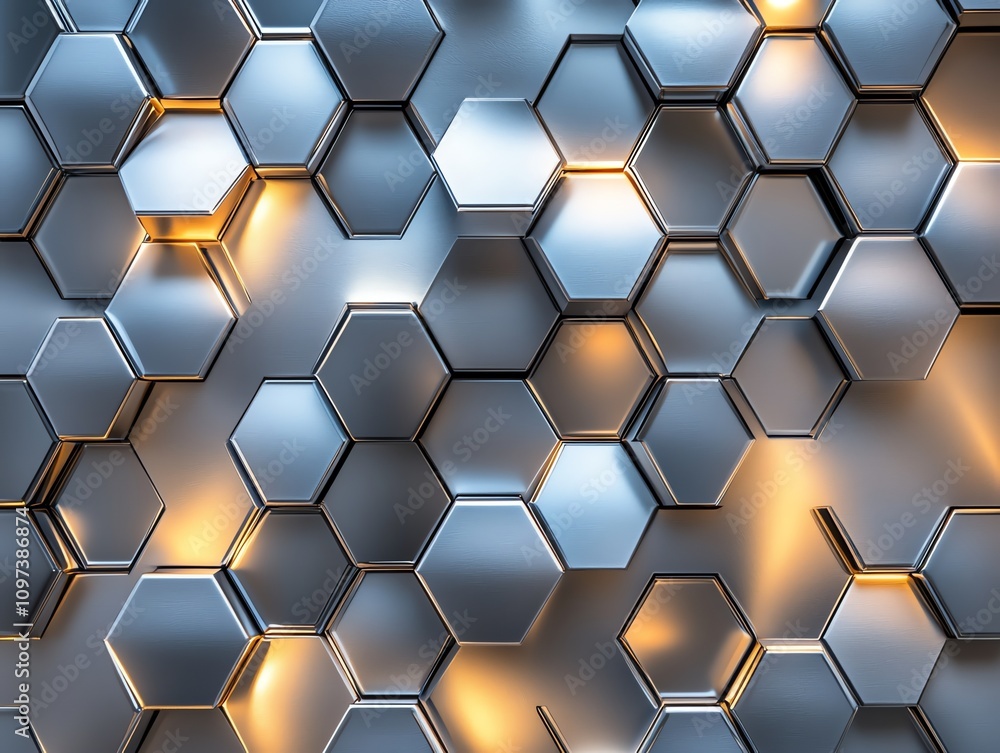 Poster a textured pattern of hexagonal shapes with metallic hues and soft lighting effects.