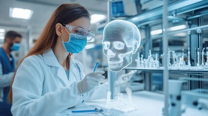 Scientists using 3D printers to create medical prosthetics in a modern workshop environment