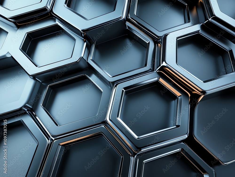 Poster a close-up of metallic hexagonal tiles arranged in a structured pattern.
