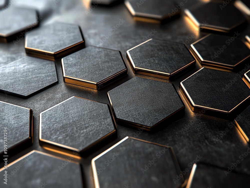 Poster a close-up of hexagonal metal tiles with a sleek, modern design and reflective surfaces.