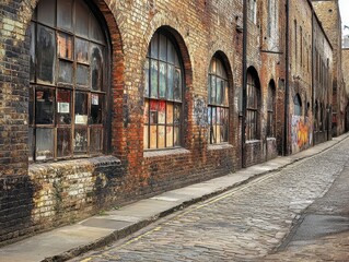 Historic Brick Warehouse with Arched Windows Urban Street Industrial Setting Sidewalk Cultural Heritage