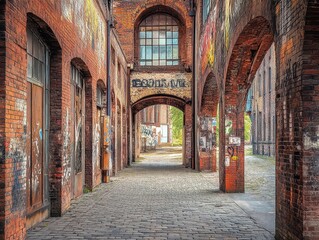 Urban Exploration Historic Brick Warehouse with Arched Windows City Alley Urban Environment Artistic Perspective