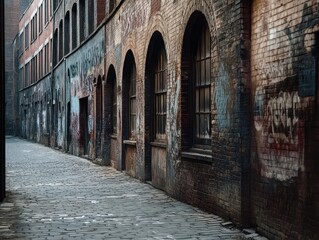 Fototapeta premium Exploring a Historic Brick Warehouse with Arched Windows in an Urban Setting Street Art and Atmospheric Vibes