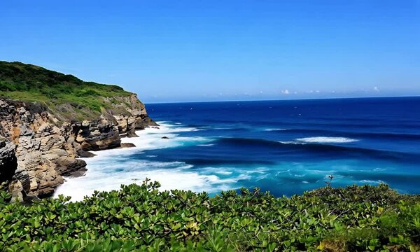 Ocean Waves Crashing On Rocky Shore