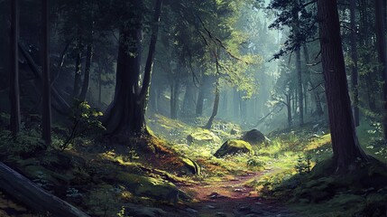 Obraz premium Sunlit Forest Path: A Serene Landscape of Misty Woods and Tranquil Nature