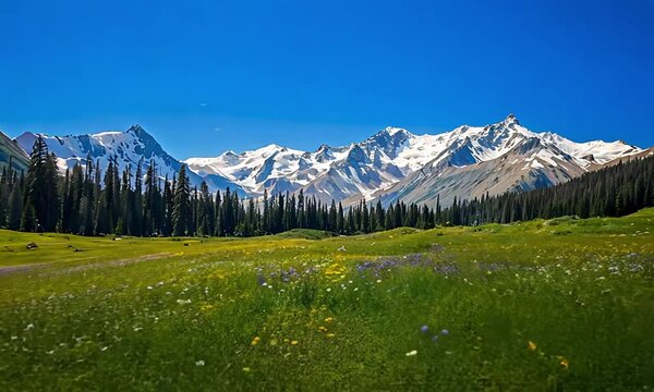 Mountain Valley With Snow-Capped Peaks