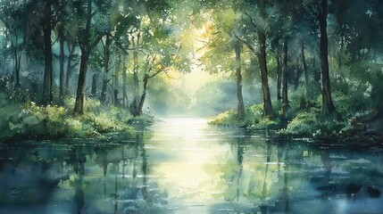 Obraz premium A serene watercolor depiction of a quiet forest river winding through lush greenery. Gentle reflections of the trees dance on the water’s surface, painted in soft greens and blues. The scene 