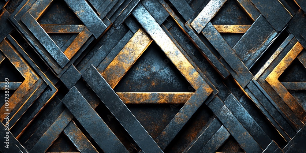 Poster Abstract metallic geometric pattern with layered triangles and textures.
