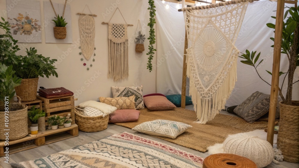 Poster various textures collide in the space from plush textiles to carefully arranged macrame hangers crea