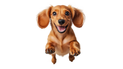 Puppy jumps in mid air, Happy dachshund dog jumping with excitement and joy. This playful pet showcases its adorable features and lively spirit, making it delightful companion