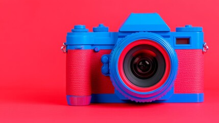 Blue and Red Vintage Camera on Red Background