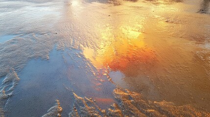 Sunset Reflection on Wet Sand: A Golden Hour Beachscape