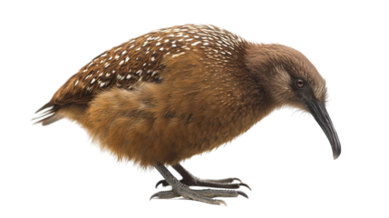 Brown bird with speckled feathers, long curved beak, standing, white background, side view, detailed markings, curious. Isolated on white background or PNG