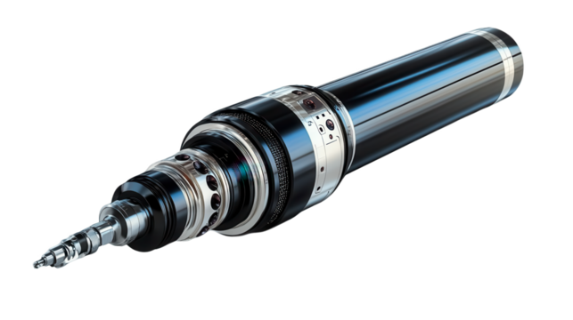 Drill Component Precision, metallic cylindrical tool part, intricate engineering design, mechanical system element Isolated on white background or PNG