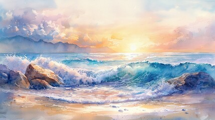 Naklejka premium A tranquil beachside watercolor painting with gentle waves washing against smooth rocks. The scene is illuminated by a soft pastel sunrise, blending peach, lavender, and gold hues. The atmosphere 
