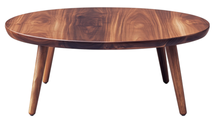 Oval wooden coffee table, smooth polished surface, sturdy tapered legs, minimalist, warm brown finish, modern elegance Isolated on white background or PNG