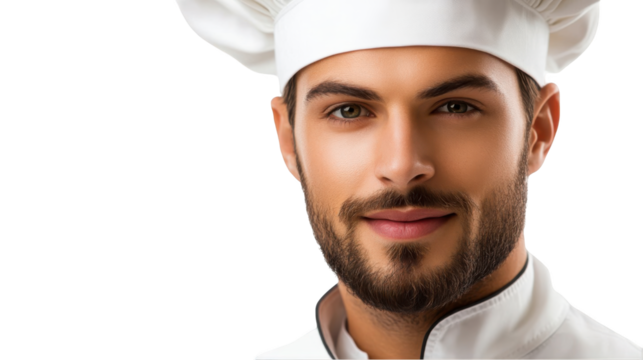 Chef Portrait, smiling young chef in white hat and uniform, confident and professional, close-up photo Isolated on white background or PNG
