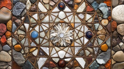 Intricate stone mosaic artwork featuring geometric patterns, diverse stones, and a central flower design.