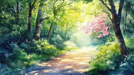 Obraz premium A tranquil watercolor painting of a forest path in spring, with vibrant green leaves and delicate pink blossoms. Sunlight filters through the canopy, casting dappled light on the path. The atmosphere 