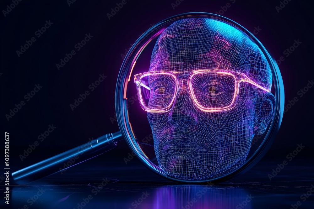 Poster futuristic abstract profile with glowing neural networks and integrated eyewear surrounded by neon l