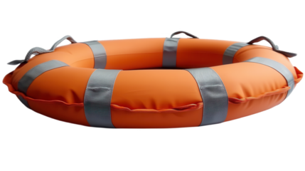 Orange life ring safety device, durable, floating, equipped with reflective strips, essential for water rescue emergencies Isolated on white background or PNG