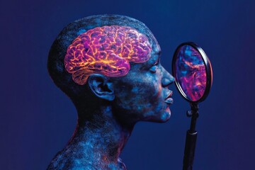 Conceptual side profile of a human head with a glowing brain examined by a magnifying glass symbolizing artificial intelligence cognitive research and neural diagnostics