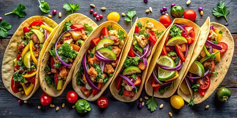 Delicious assortment of colorful tacos , food, Mexican, cuisine, spicy, tortilla, beans, vegetables, meat, chicken, pork, beef