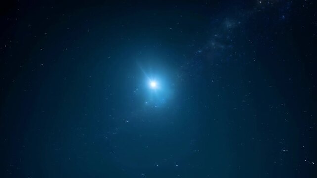 Bright shining Star of Bethlehem on dark blue starry night sky. Star of Jesus, Christmas Star. Nativity of Jesus Christ, birth of Jesus, Christmas Eve. Christian religion concept
