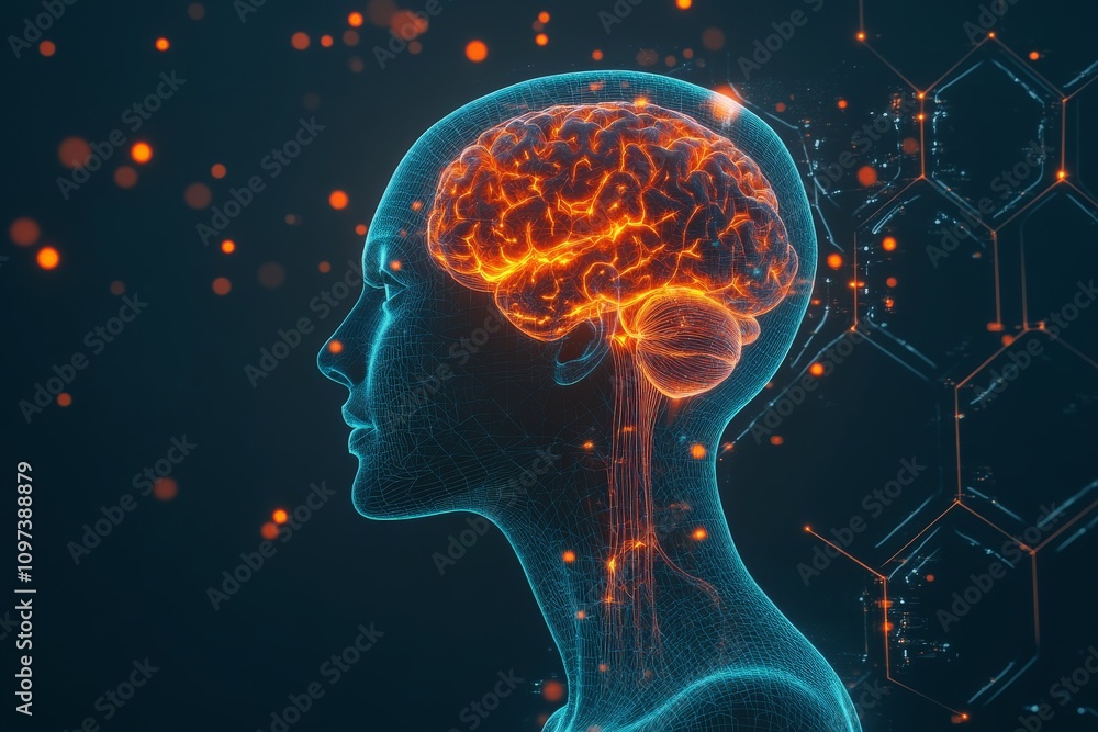 Aufkleber conceptual profile of a human head with a glowing orange brain layered over a hexagonal grid symboli