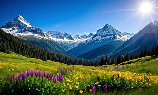 Snowy Mountains Above Vibrant Green Valley