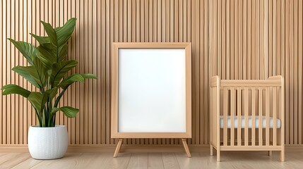 Stylish frame mockup in living room with planter and crib modern home design bright atmosphere