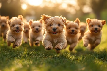 Fototapeta premium Adorable Yorkshire Terrier Puppies Running Through Grass