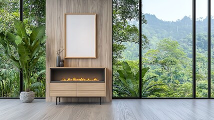 Stylish frame mockup in living room with modern decor scenic nature view contemporary style