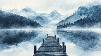 A calming watercolor depiction of a wooden pier extending into a still lake surrounded by misty mountains. The soft blues and grays blend beautifully, creating a tranquil and meditative scene 