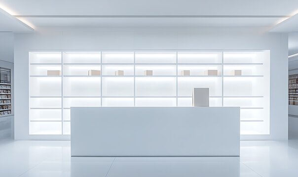  Supermarket Shelves With Blank Banners And POS Display Design. 3D rendering design. 
