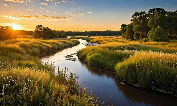 Sunset Glow Over Open Field And River