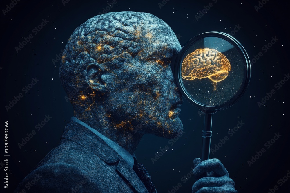Poster abstract digital rendering of a human head magnified by a lens with glowing neural circuits symboliz