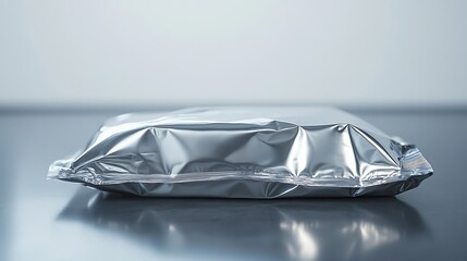 A crumpled silver foil package sits on a table